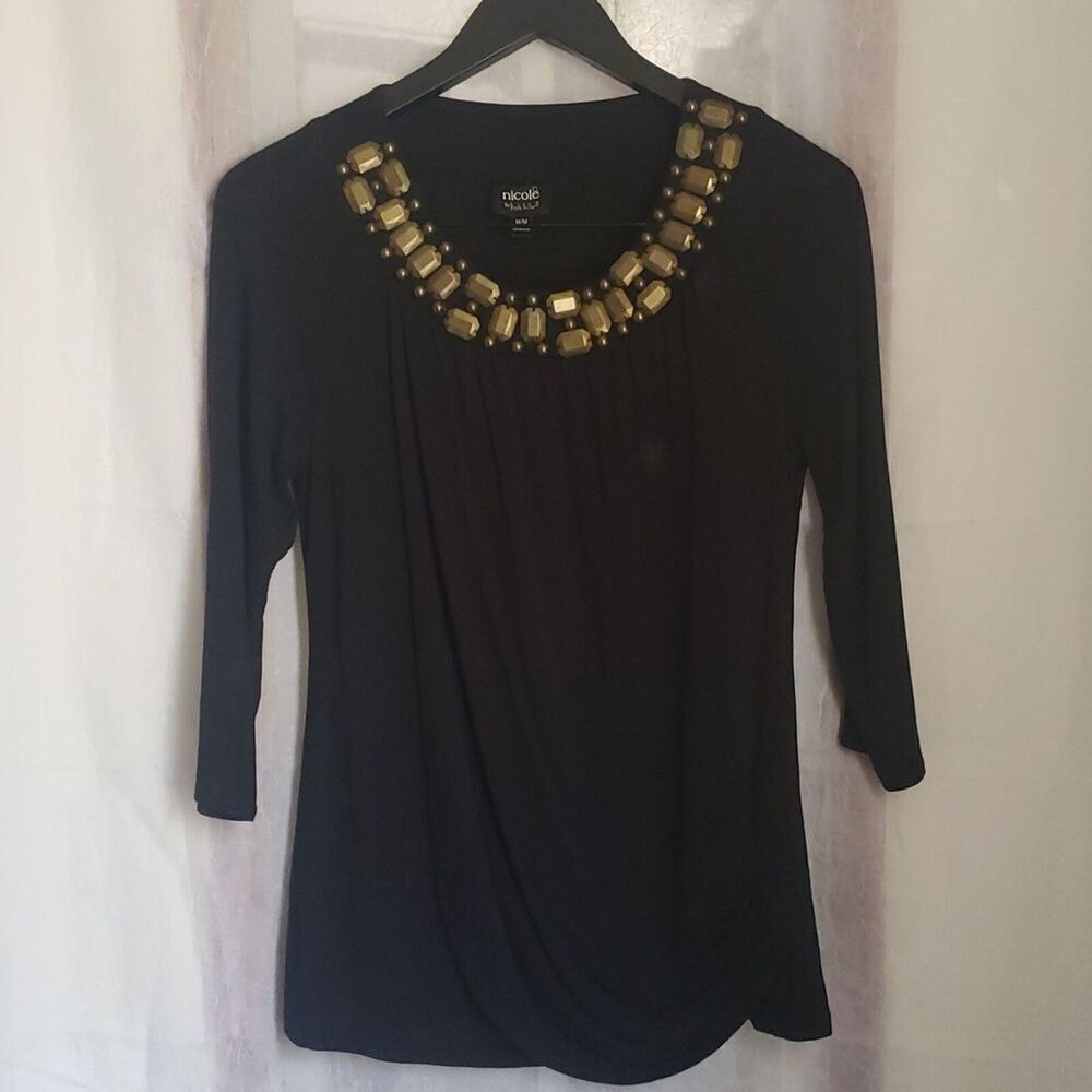 Nicole Miller Shirt Top Size M Black 3/4 Sleeve Layered Front Gold Embellishment